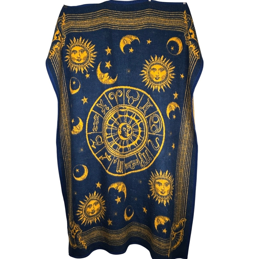 Vintage Biederlack Celestial Zodiac Sun Moon Stars Throw Blanket Blue Gold USA